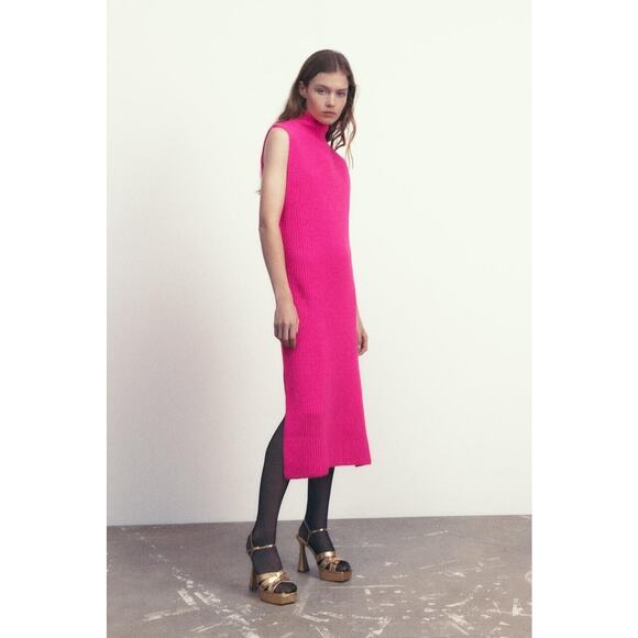 Zara Pink Sleeveless Turtleneck Waffle Chunky Knit Midi Bodycon Sweater Dress S - Picture 1 of 13